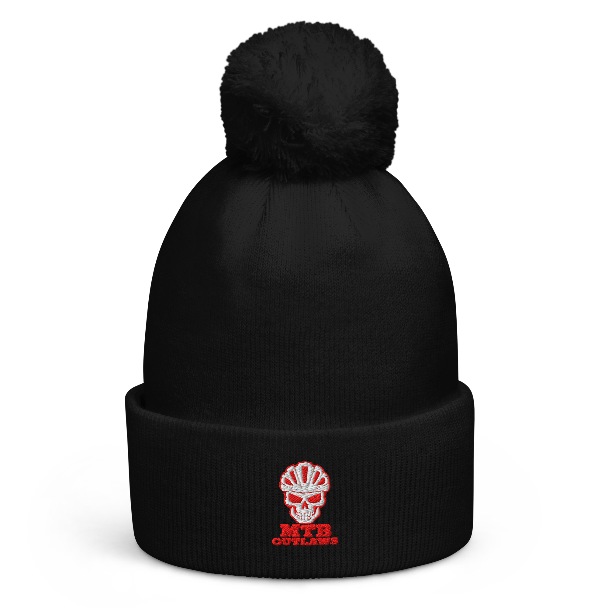 MTB Outlaws Pom-Pom Beanie — flat front with embroidered skull crest